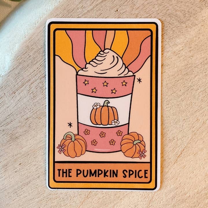 Autocollant imperméable de carte de tarot à la citrouille épicée pour la vente par Tiny Acres Co