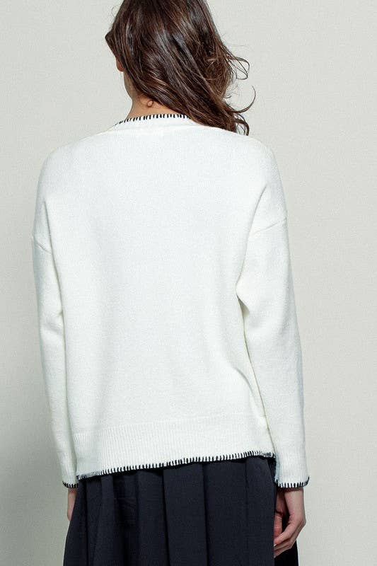 IVOIRE Cardigan en maille décontracté à boutons avec surpiqûres contrastées en vente sur Faire1