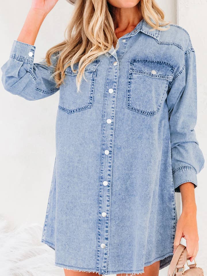 Chest Pocket Raw Hem Denim Loose Shirt Dress for wholesale by FULL TIME PURCHASE