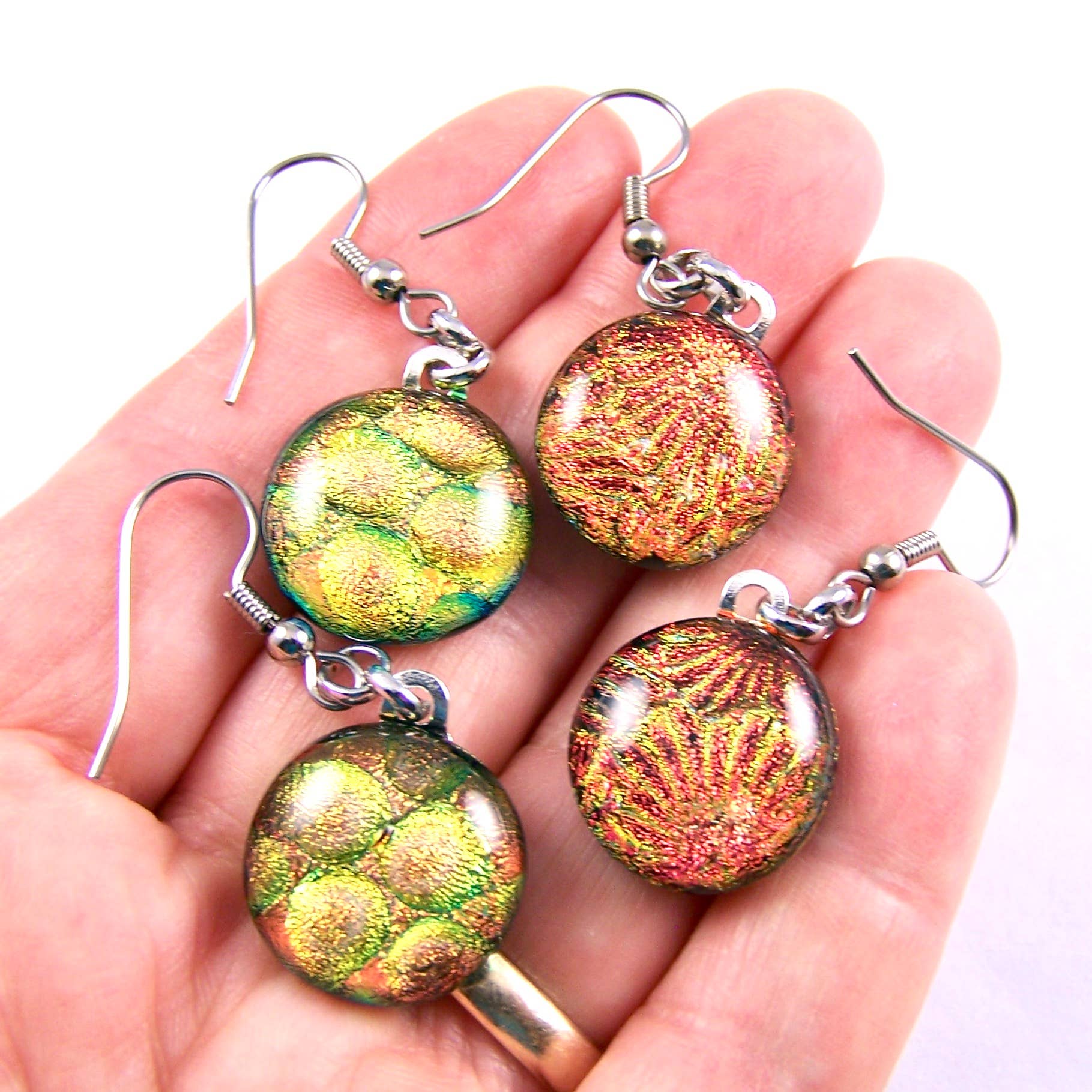 Glass Town USA - Wholesale Dangle Earrings - Dichroic Glass Earrings Dangle - Round Textures Rainbow Mix9