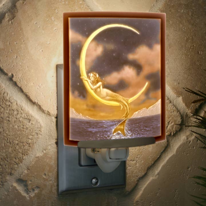 The Porcelain Garden Inc. - Vente Veilleuses - Veilleuse colorée au lithophane en porcelaine sirène et lune