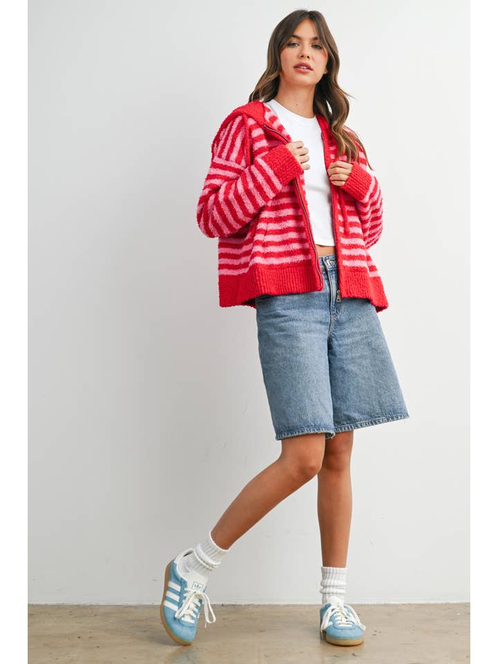 BUTTERMELON - Wholesale Knit Sweater - Women's - Striped Zip-Up Hooded Cardigan - BMC809723