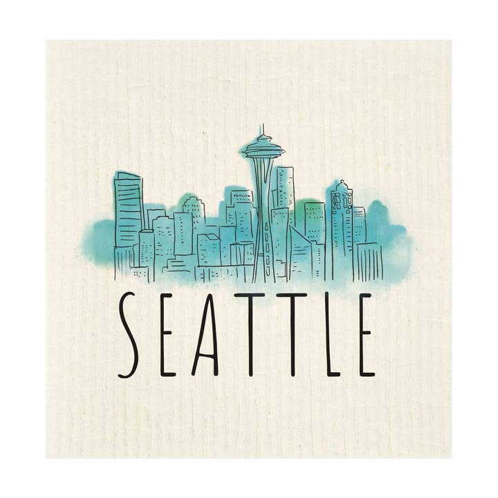 Cloudy Seattle Skyline Swedish Dishcloth for wholesale by Potluck Press