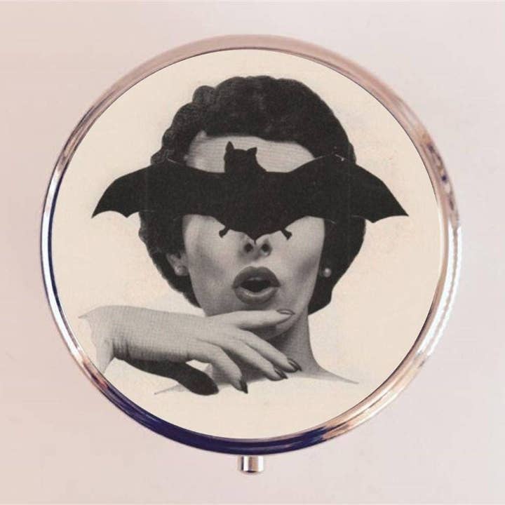 Bat Face Lady Pill Box Case Pillbox Holder Trinket Stash Box Retro Kitsch 1950s Oddity for wholesale by FringePop