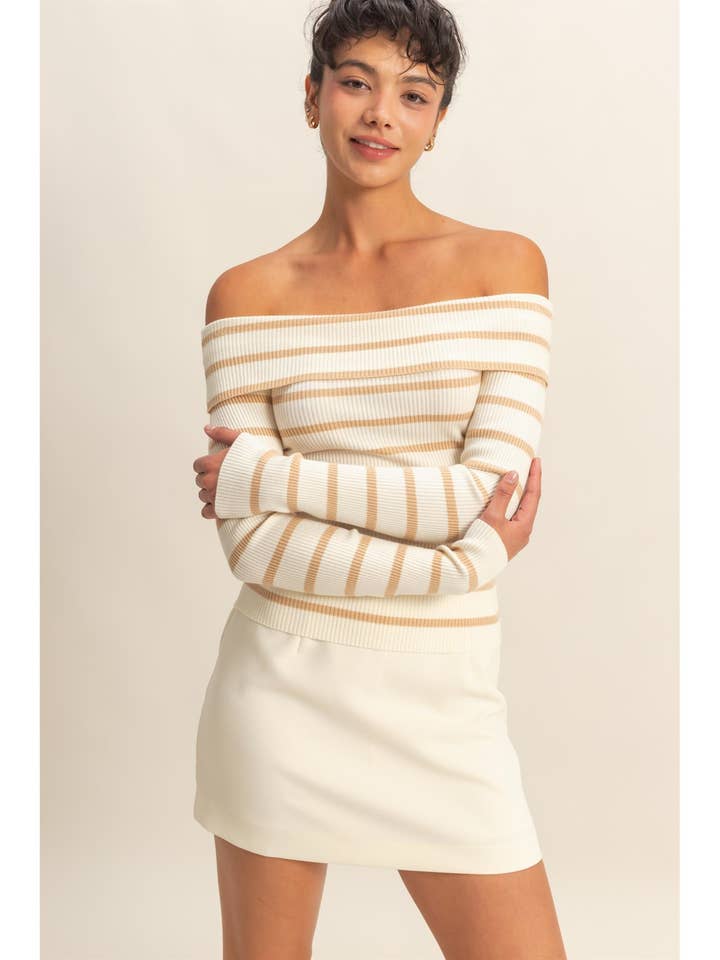 Striped Off-Shoulder Knit Top for wholesale by HYFVE