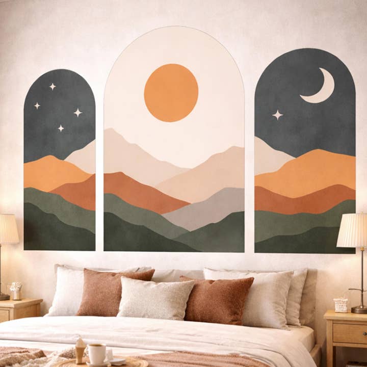 Arte mural bohemio de paisaje | Conjunto de 3 láminas con forma de arco para venta al por mayor de Decords
