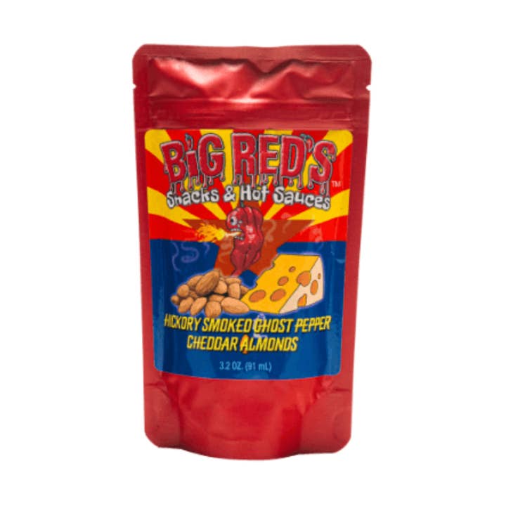 Hickory Smoked Ghost Pepper Cheddar Almonds for wholesale by Big Reds Hot Sauce