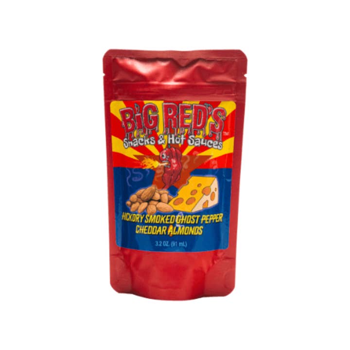 Hickory Smoked Ghost Pepper Cheddar Almonds for wholesale by Big Reds Hot Sauce