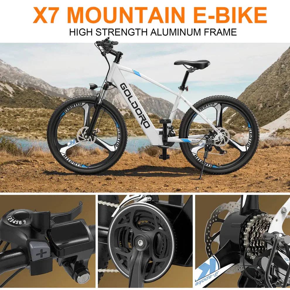 Promounts - Wholesale Bike/Scooter - Kids - Goldoro Electric Bike 26" X7 Aluminum Alloy Mountain Bike, 350W/36V, MAX 17.4 MPH, 21 speed with Alloy Wheels, White (EB26X7-IT-WT)3