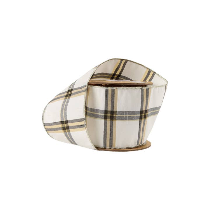 LA Ribbons Wholesale - Wholesale Ribbon - Gift Wrapping - 4" Wired Ribbon | Ivory/Black/Gold Plaid | 10 Yard Roll