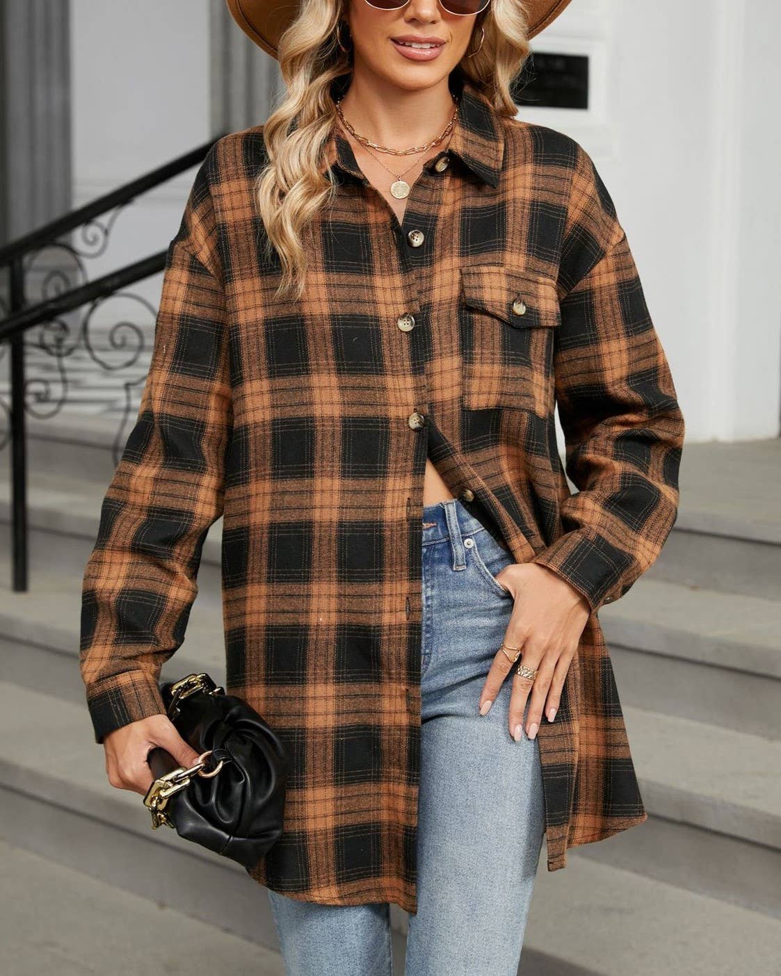 HIDDENBRAND - Wholesale Shirt - Women's - Oversized Boyfriend Brushed Plaid Shirt7