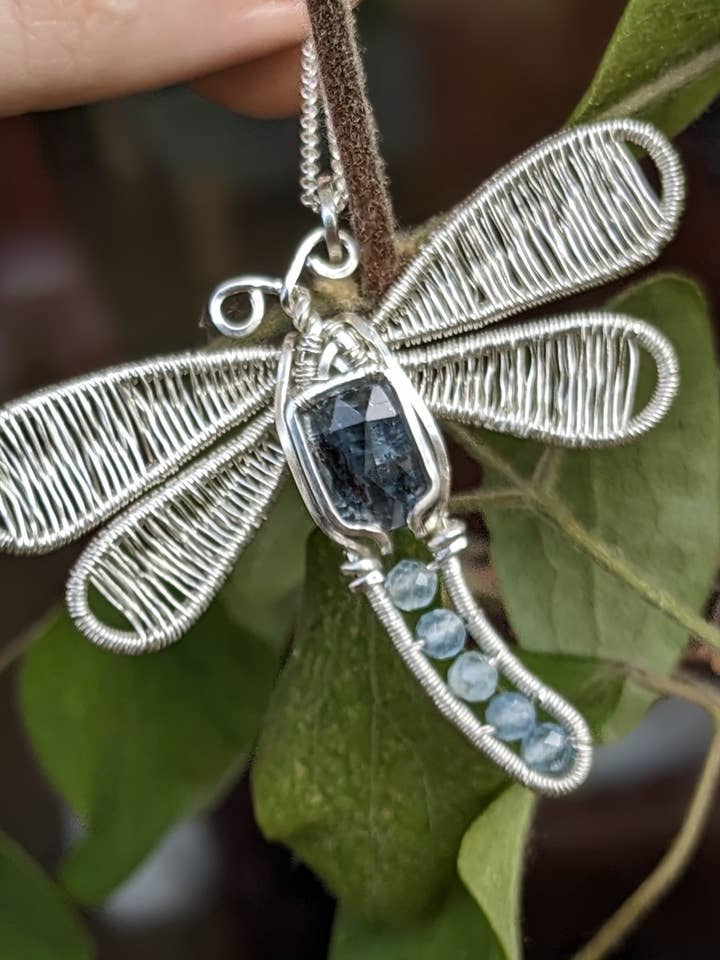 Kyanite Dragonfly, Aquamarine And Sterling Silver Pendant for wholesale by Le Tourbillon Minéral