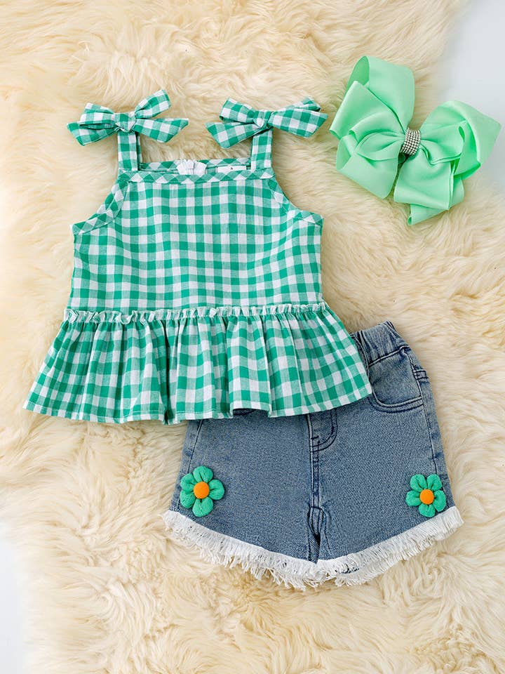 Kids Charm Online - Wholesale Top & Short Set - Kids - Green gingham ruffle top & denim shorts. OFG50409 amy