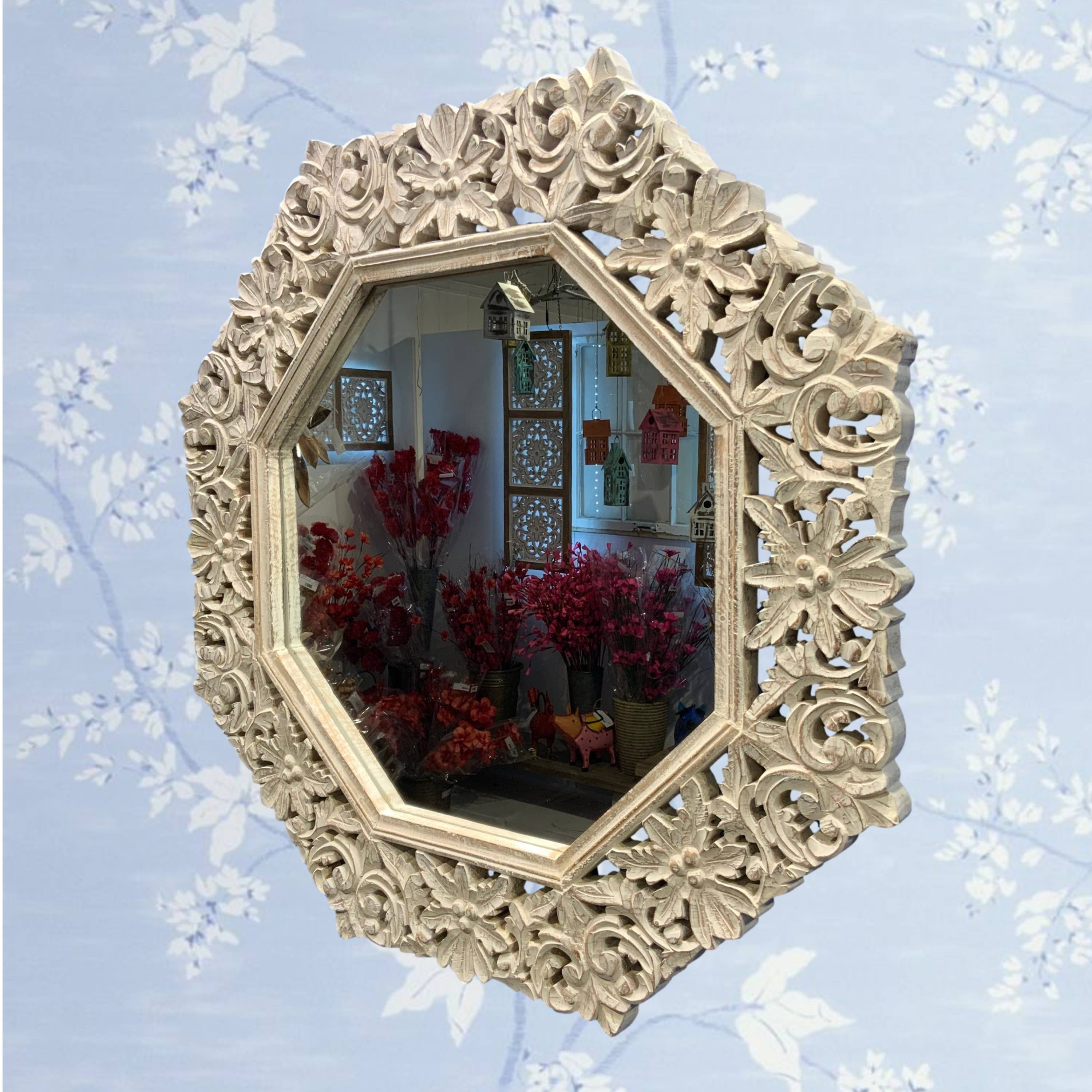 Wilco Home - Wholesale Wall Mirror - Hand Carved Wood Octagonal Whitewashed Mirror4