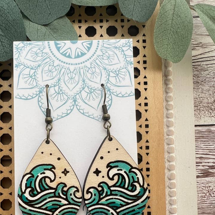 Seasideblooms - Wholesale Dangle Earrings - Beach waves ocean hand painted lightweight wood 0