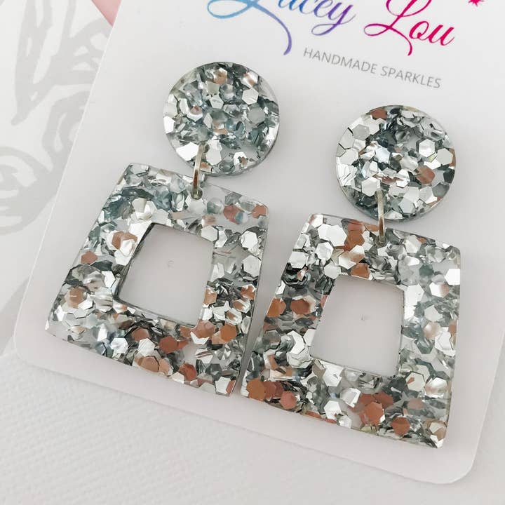 Medium Abstract Silver Glitter Statement Acrylic Dangle for wholesale by Lacey Lou Sparkles