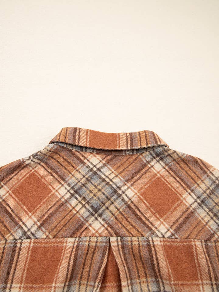 Brown Plaid Print Flap Pocket Buttoned Plus Size Shacket for wholesale on Faire4