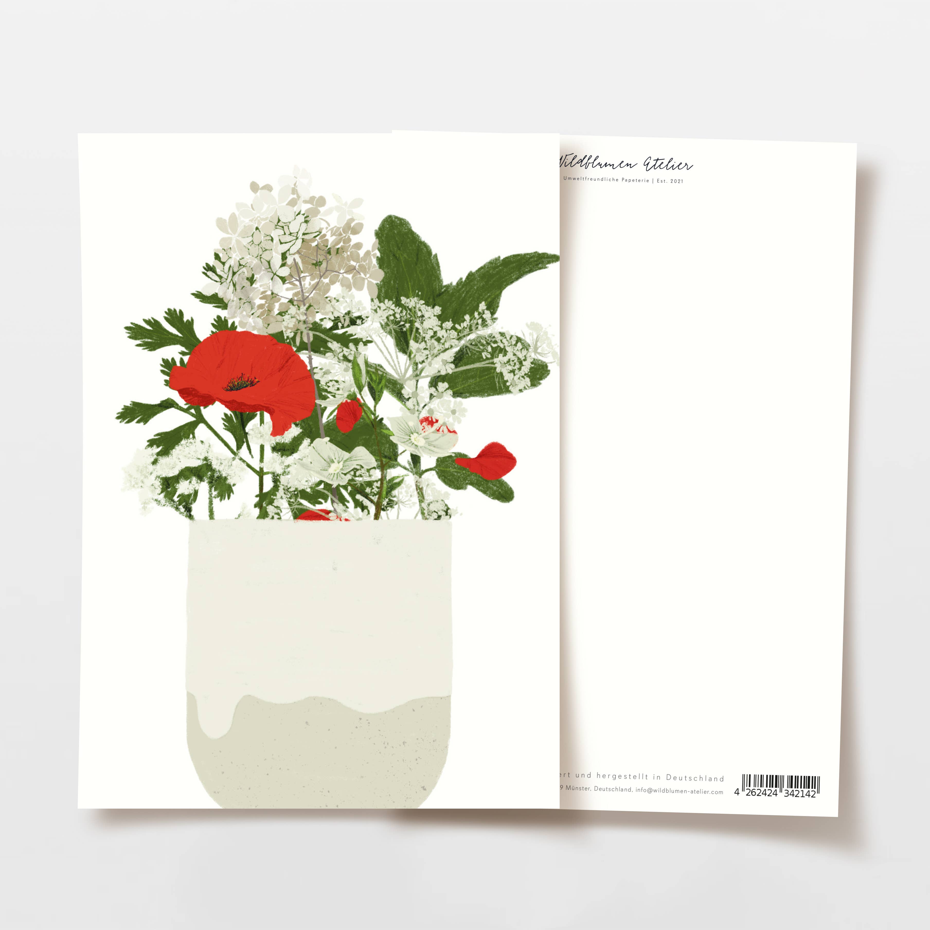 Wildblumen Atelier - Wholesale Postcard - Postcard red & white flowers in hand-thrown mug, FSC0