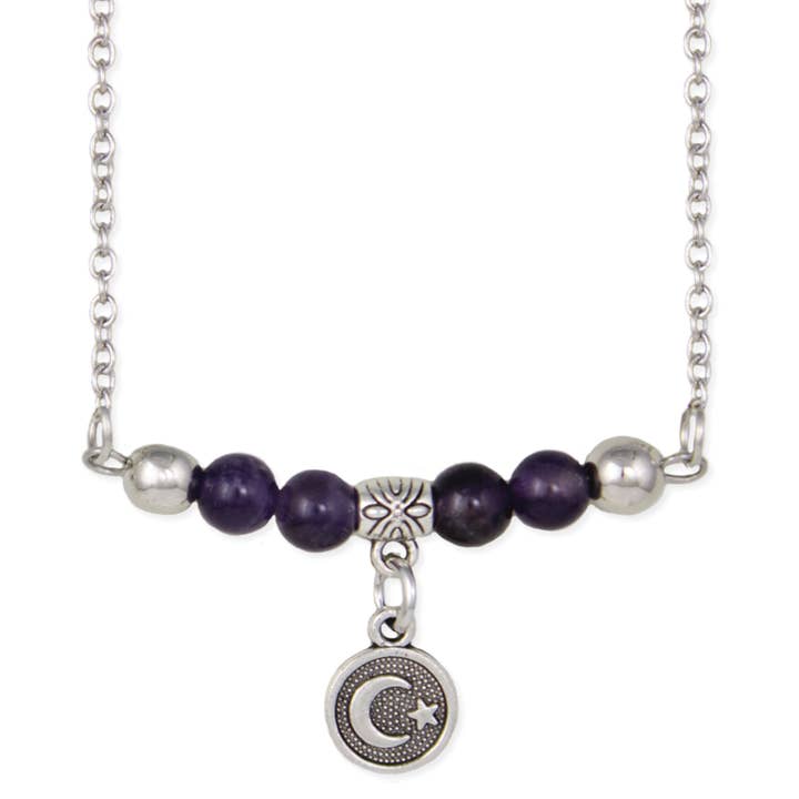 Amethyst Bead Silver Moon Drop Necklace for wholesale by ZAD