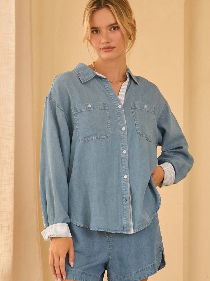 Washed Tencel Shirt with Pocket and Stripe Cuff for wholesale by SKIES ARE BLUE