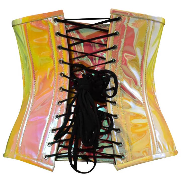 Attire Fashion Club - Wholesale Corset - Women's - Steel Boned Holographic Under bust Corset in Yellow/Pink
