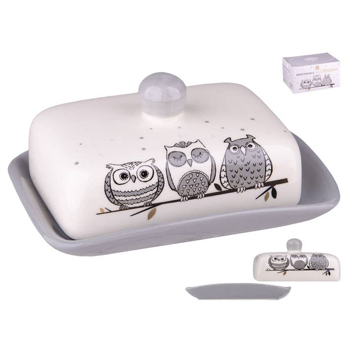 STP - Wholesale Butter Dish - Owls Ceramic Butter Dish with Lid