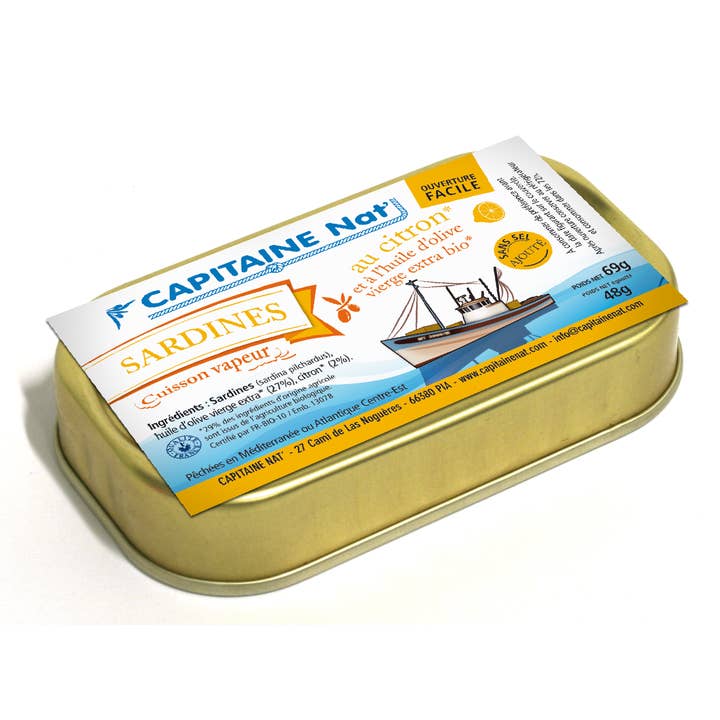Sardines in organic* olive oil and organic* lemon without salt 69g for wholesale by CAPITAINE NAT'