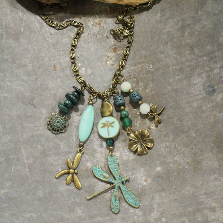 New Beginnings Dragonfly & Bronze Metal Charmers Necklace for wholesale by The Primitive Peddler, Inc.