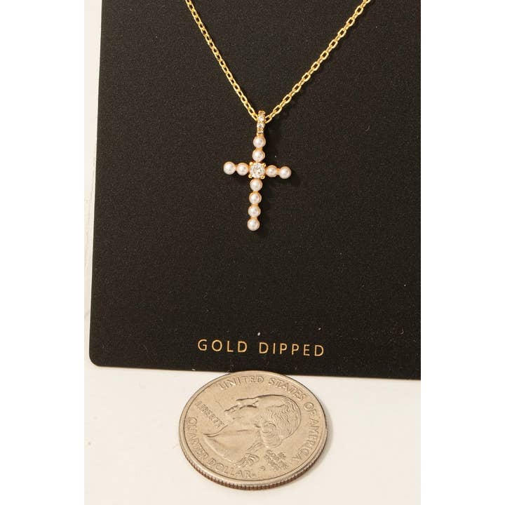 Gold Dipped Cz And Pearl Studded Cross Pendant Necklace for wholesale on Faire