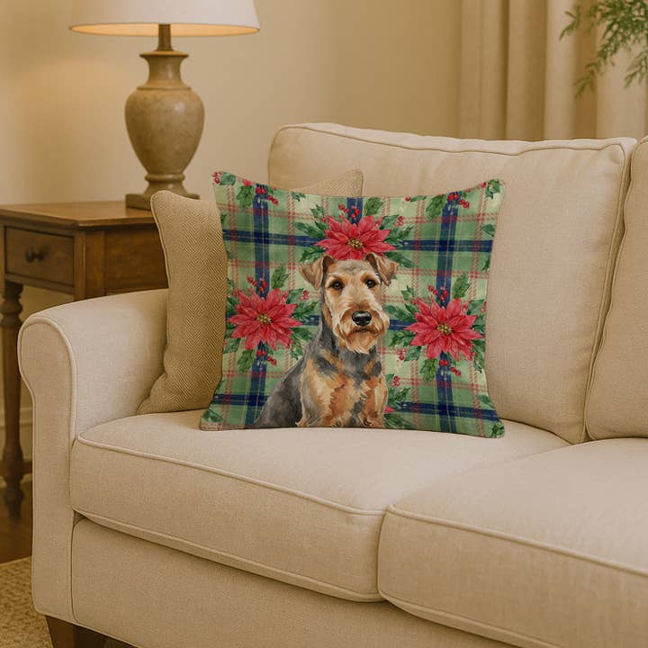 Grizzle Airedale Terrier Christmas Poinsettas Pillow 14x14 for wholesale by Caroline's Treasures