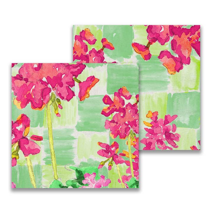 Pink Geraniums with Green Checks Cocktail Napkin for wholesale by French Graffiti