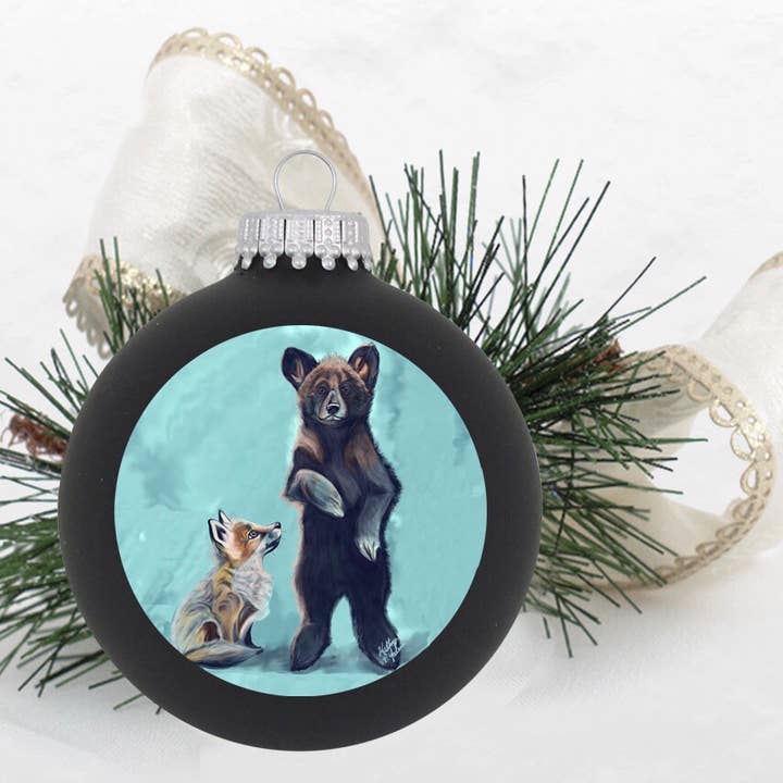 Glazen ornament met vos en babybeer voor wholesale door Art For The Young At Heart