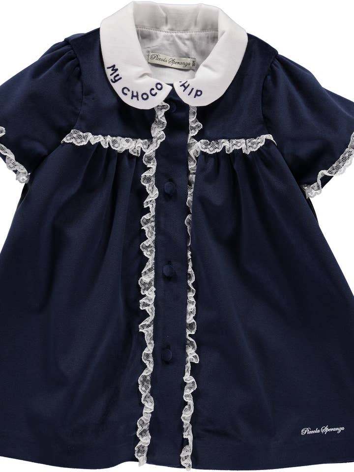 Navy blue velvet dress with lace details for wholesale by Piccola Speranza