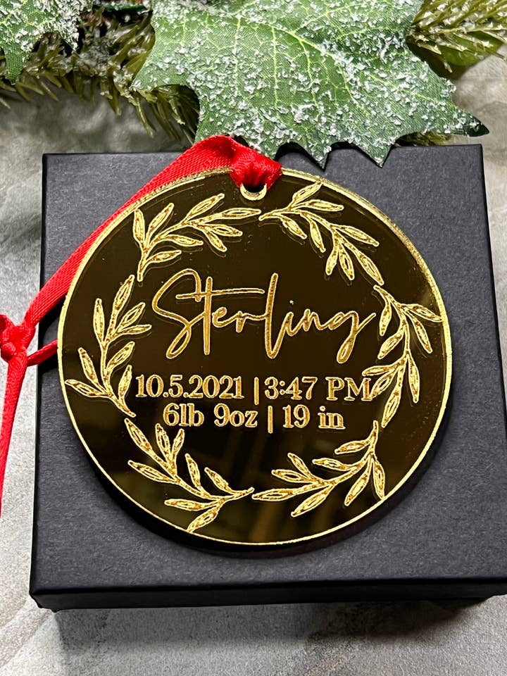 Personalized Birth Stat Ornament | Engraved Name Christmas Ornament | Rose Gold Christmas Ornament | Floral Ornament | Holiday 2021 for wholesale by Crafts By Chelle Us