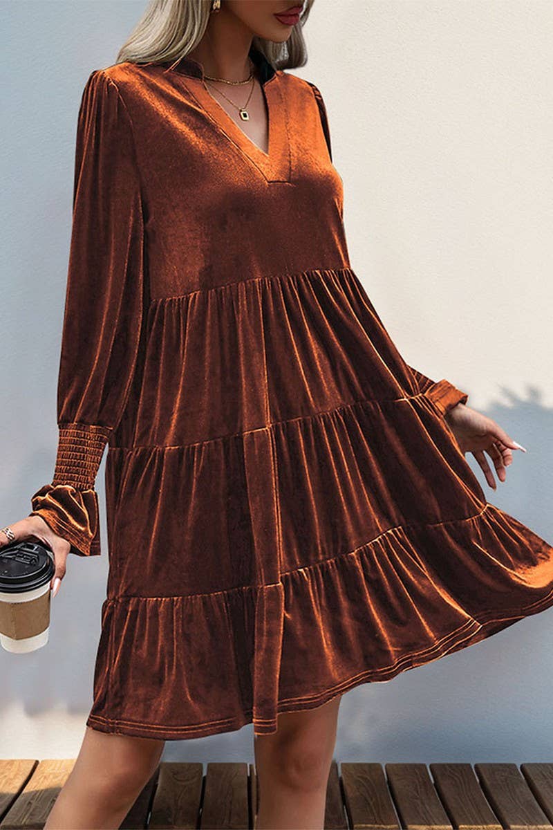 NINEXIS - Wholesale Dress - Women's - CWDMD3552_V-NECK LONG-SLEEVED SOLID COLOR VELVET DRESS5