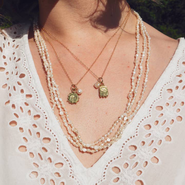 Ancient Coin and Pearl charm necklace for wholesale by Taken Twice