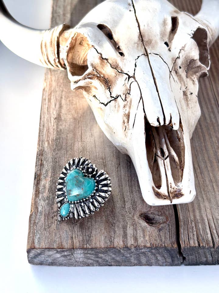 Western Style Chunky Heart Turquoise Stone Stretch Ring for wholesale by Boho Ranch Shop