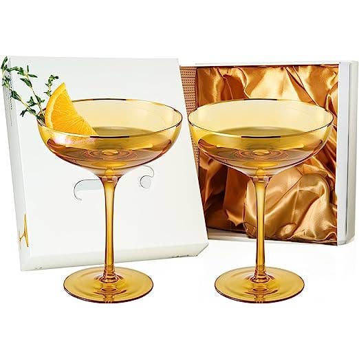 The Wine Savant / Khen Glassware - Wholesale Cocktail/Liquor Glass - Yellow & Gilded Rim Coupe Glass, 9oz, Set of 2