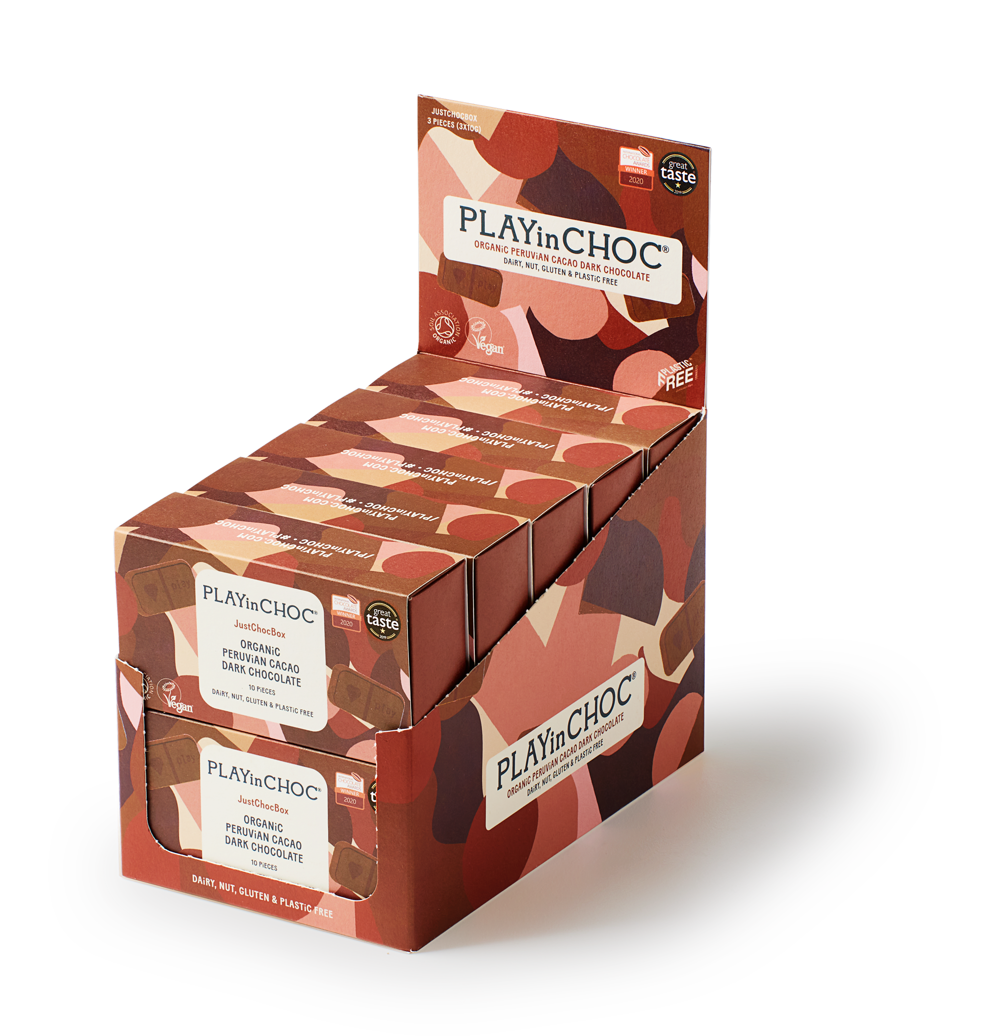 PLAYin CHOC - Vendita all'ingrosso Confezioni di cioccolatini - JustChoc Box 10 - Cioccolato fondente al cacao peruviano biologico 100g2