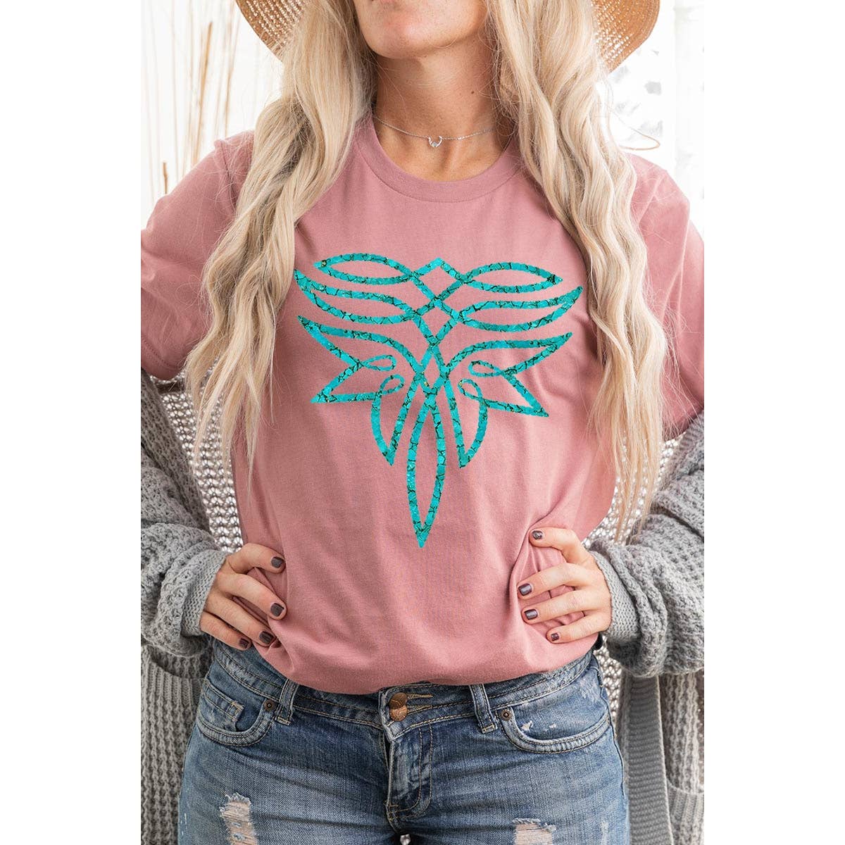 COLORBEAR - Vente T-shirt à imprimés – femme - T-shirts graphiques turquoises au point de botte - Mélange chiné noir18