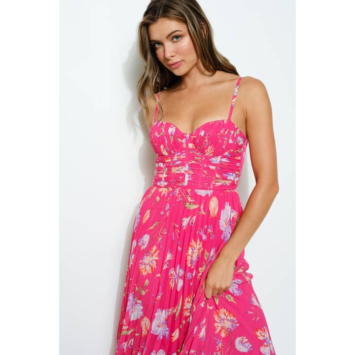 HOTPINK MULTI Floral Ruched Bustier Pleated Maxi Dress for wholesale on Faire