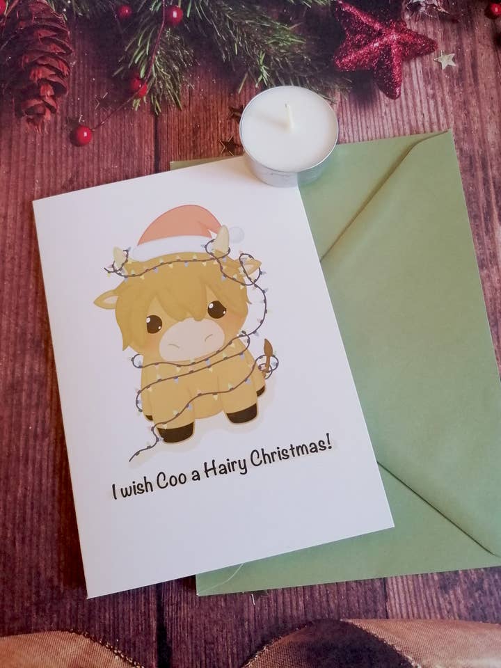 Cartão de Natal peludo coo, cartão Highland Cow, cartões escoceses por atacado de KimspirationCrafts