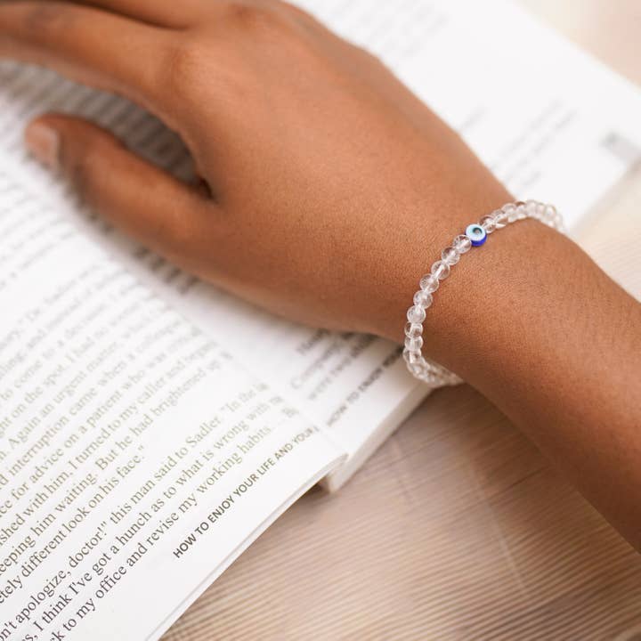 KLS Gems and Jewelry - Wholesale Beaded bracelet - Clear Quartz Evil Eye Stretch Bracelet