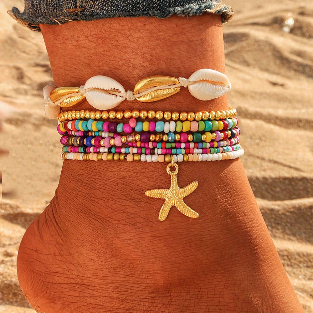 Sensibling Corp. - Wholesale Jewelry Set - 6PCS - Starfish Charm Accented Conch Shell Seed Beaded Multi Layered Anklets0