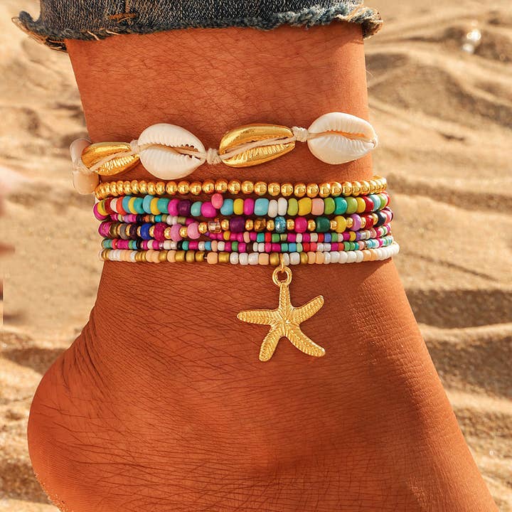 Sensibling Corp. – wholesale Jewellery set – 6PCS - Starfish Charm Accented Conch Shell Seed Beaded Multi Layered Anklets