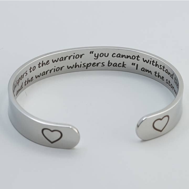 Engraved4Ever – wholesale Cuff bracelet – Fate whispers to the warrior you cannot withstand the storm the warrior whispers back I am the storm Cuff Bangle1