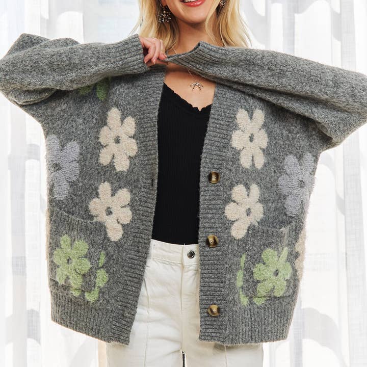 ADORA LA - Wholesale Cardigan - Women's - CESW3580 - BUTTON DOWN FLORAL SWEATER CARDIGAN7