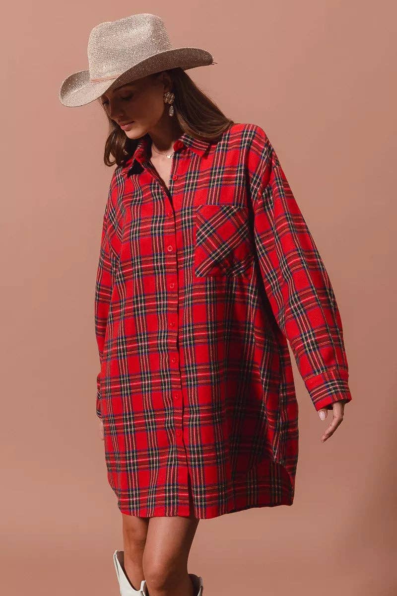 RED MULTI SO ME Christmas Checker Plaid Button Up Shirt Dress for wholesale on Faire4