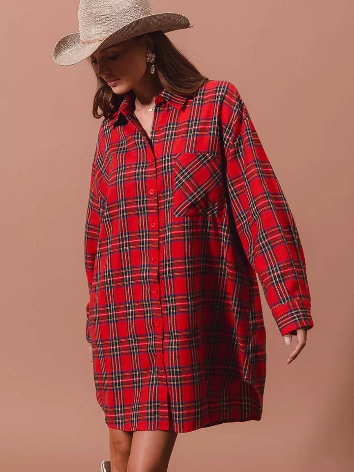 RED MULTI SO ME Christmas Checker Plaid Button Up Shirt Dress for wholesale on Faire4