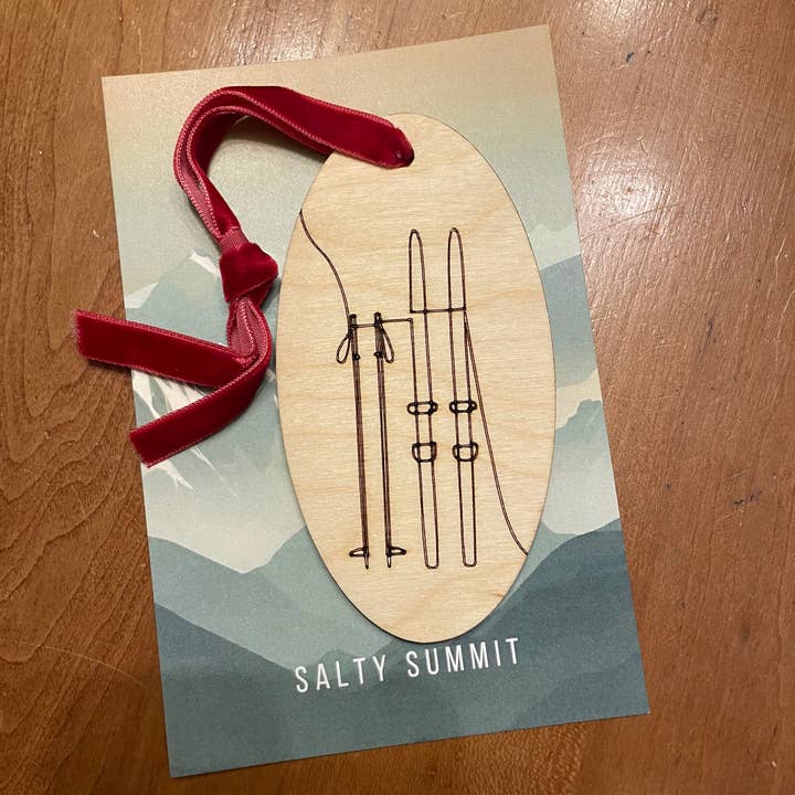 Ski or Snowboard engraved ski ornament for wholesale by Salty Summit